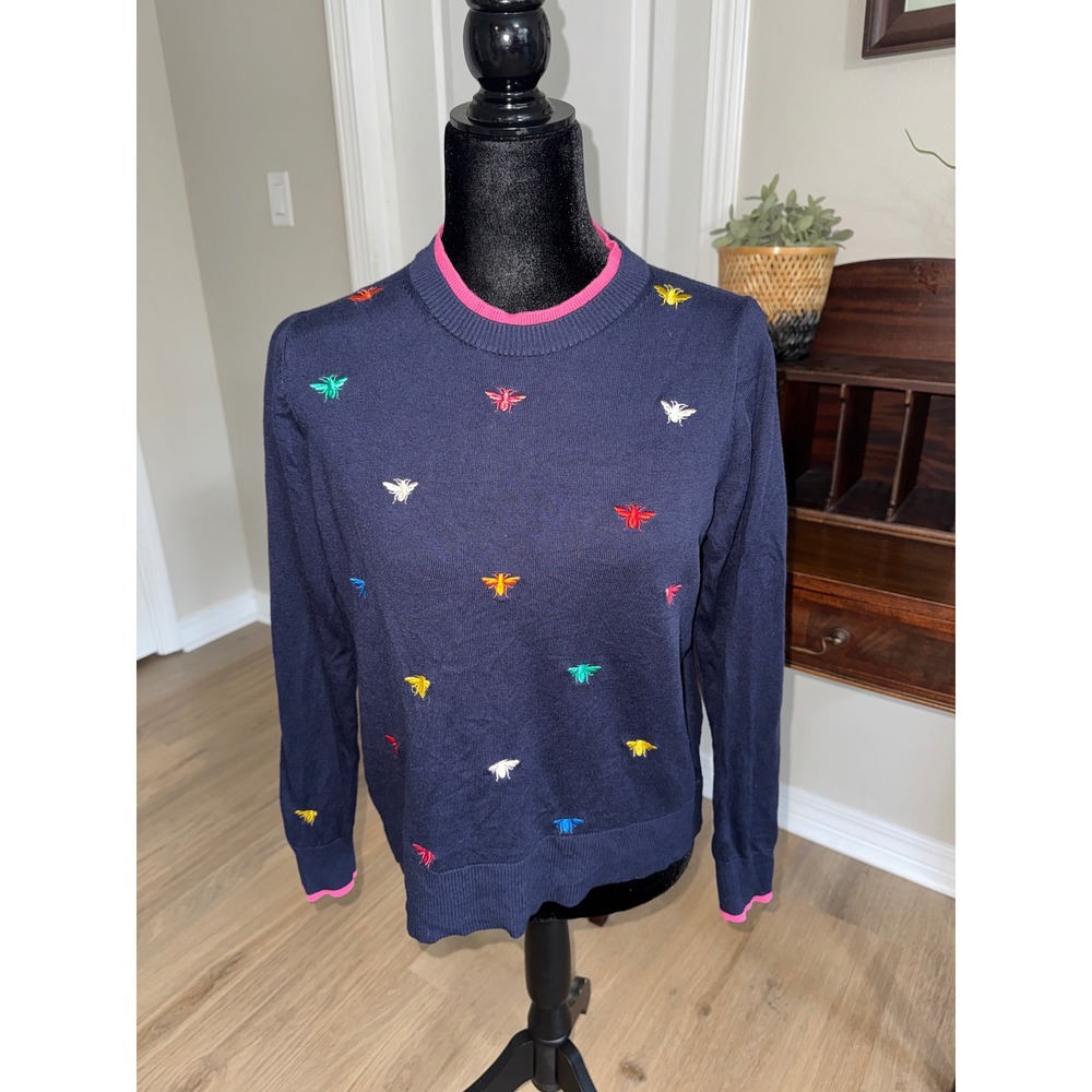 Joules Mariella Navy Bee Embroidered Intarsia Crew Neck Sweater Pink Trim US 8